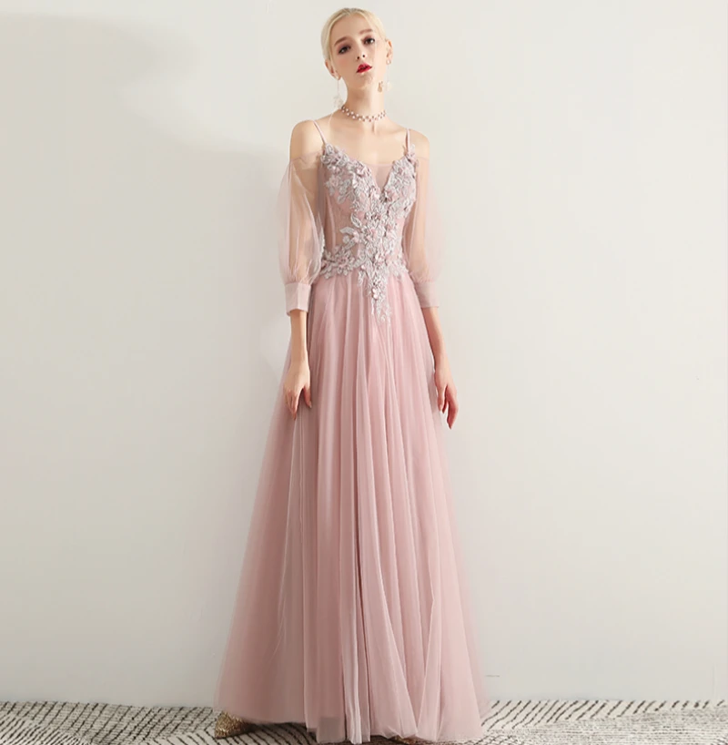 SSYFashion Новое Кружевное Вечернее Платье милое темно розовое 3/4 рукав длиной до пола