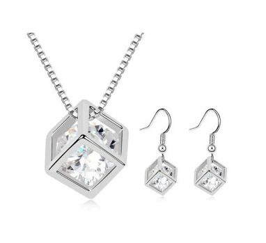 Crystal Cubic Shining Jewelry Sets Necklace Earrings Gold Silver Plated Bijuterias African CC Wedding Accessories #G048 | Украшения и