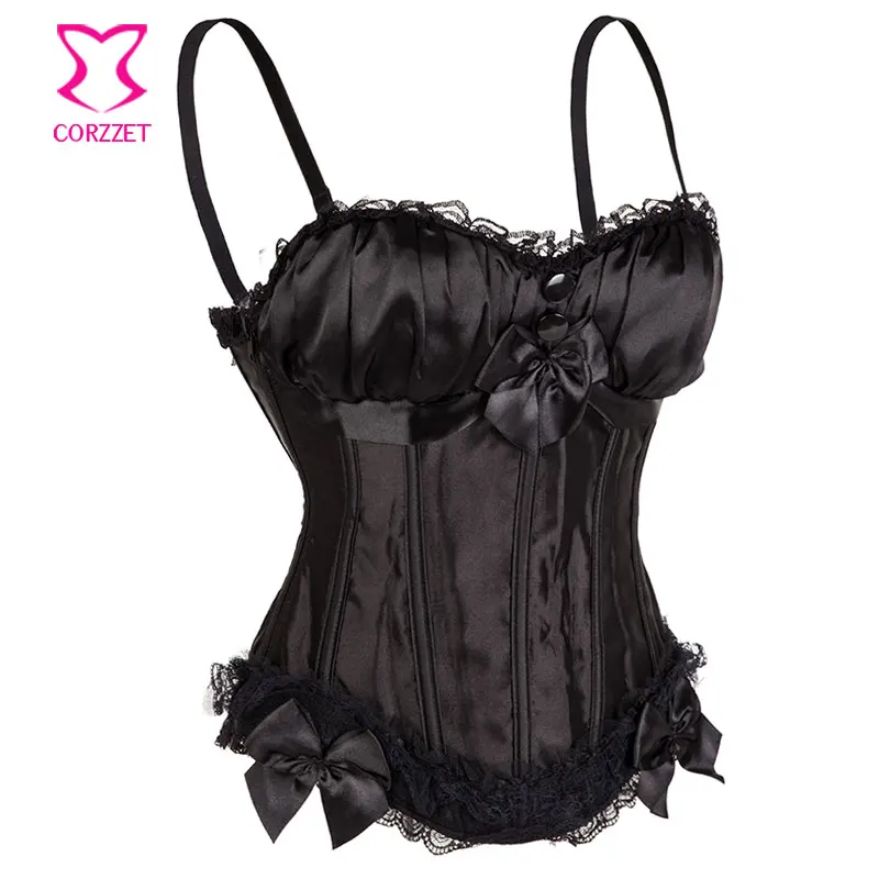 Черное атласное в викторианском стиле с кружевной отделкой и бантом на