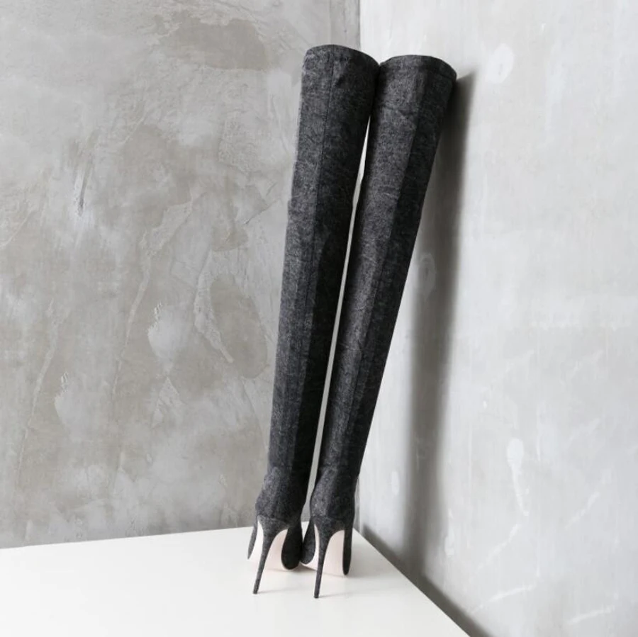

Stylesowner denim stretch slip on over the knee boots pointed toe 12cm thin heel fashion thigh high boot large size 43 long boot