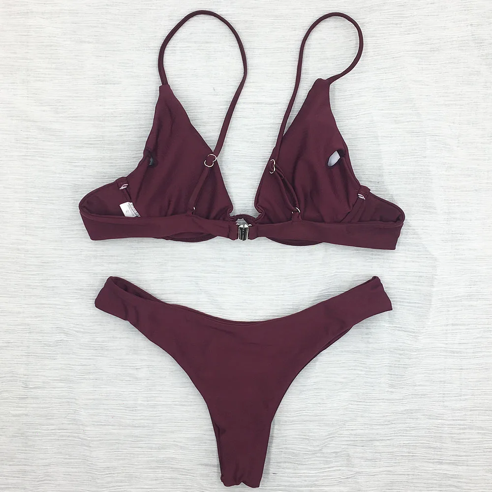 Женский комплект бикини однотонный купальник с глубоким v образным вырезом и