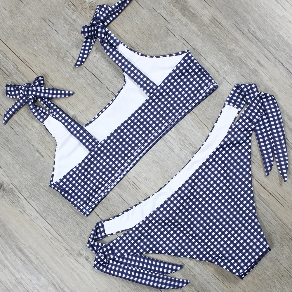 Coxcy Plaid Bikini Set Swimwear Tie Women Swimsuit Sexy Bowknot Bikinis Maillot De Bain Feme Beachwear Bathing Suit Biquini |