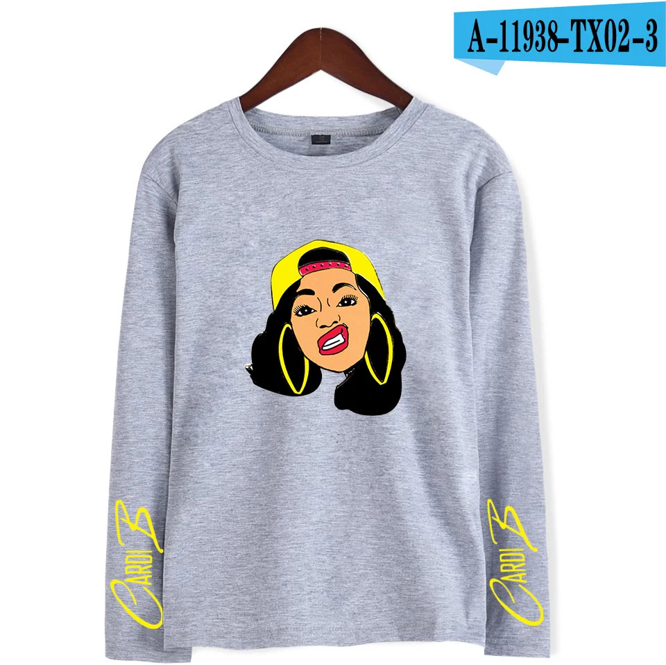 Cardi B стильная мягкая женская футболка с круглым воротником популярный классный хип-хоп классический хипстер Harajuku Уличная Повседневная футболка с длинными рукавами - Цвет: gray