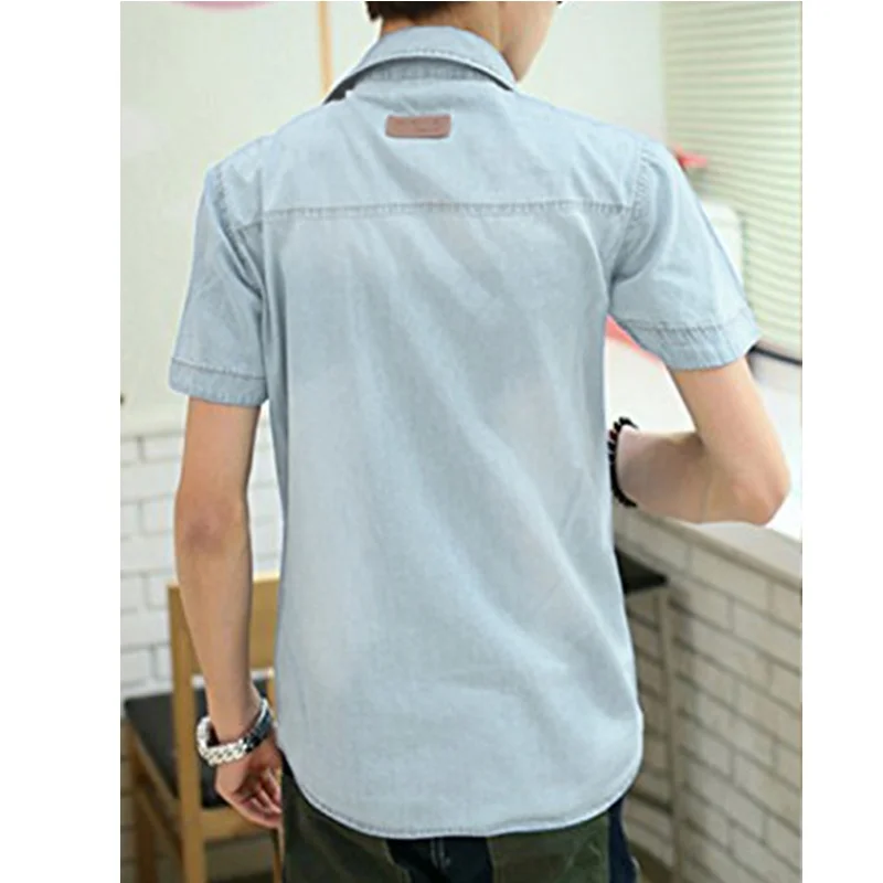 У Новые мужские повседневные короткий рукав джинсовая рубашка роскошные