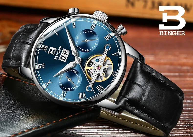 Швейцарские Бингер мужские часы люксовый бренд Tourbillon fulll из нержавеющей стали водонепроницаемые механические наручные часы B-8604-6