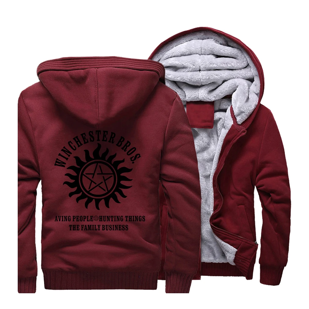 Supernatural Streetwear Hoodies Winchester Brothers Sweatshirt Men Winter Fleece Thick Hooded Sportswear Coat Hoodie Jackets - Color: wine red 1
