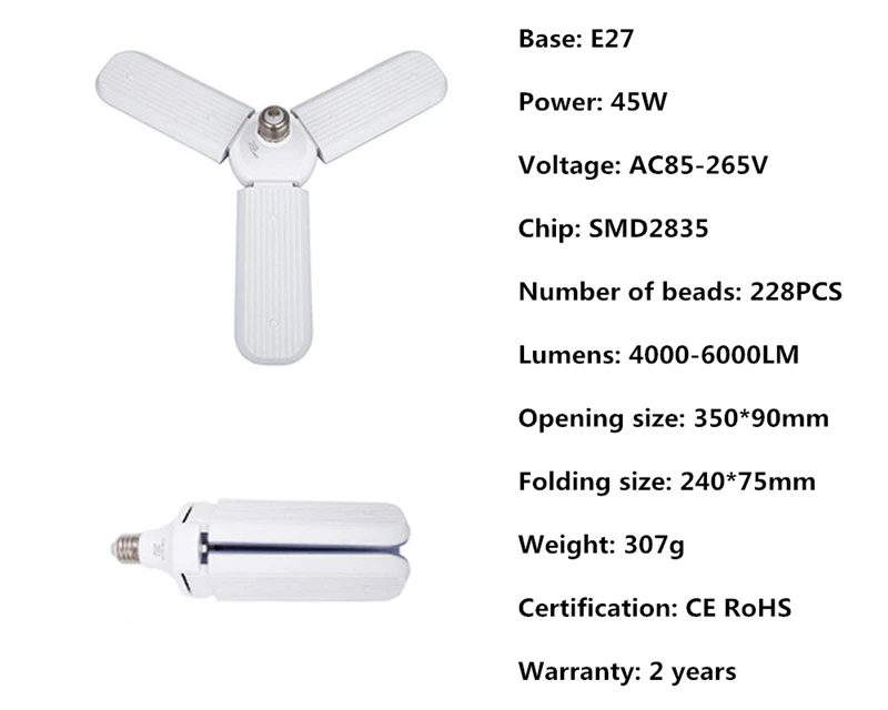 E27 Светодиодный светильник SMD2835 30 Вт/45 Вт/60 Вт 85-265 в, супер яркий Складной вентилятор, Регулируемый угол наклона, потолочный светильник, энергосберегающие лампы для дома