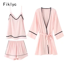 Fiklyc brand fresh design womans fall season beautiful short pants pajamas sets three-pieces satin female luxury homewear HOT