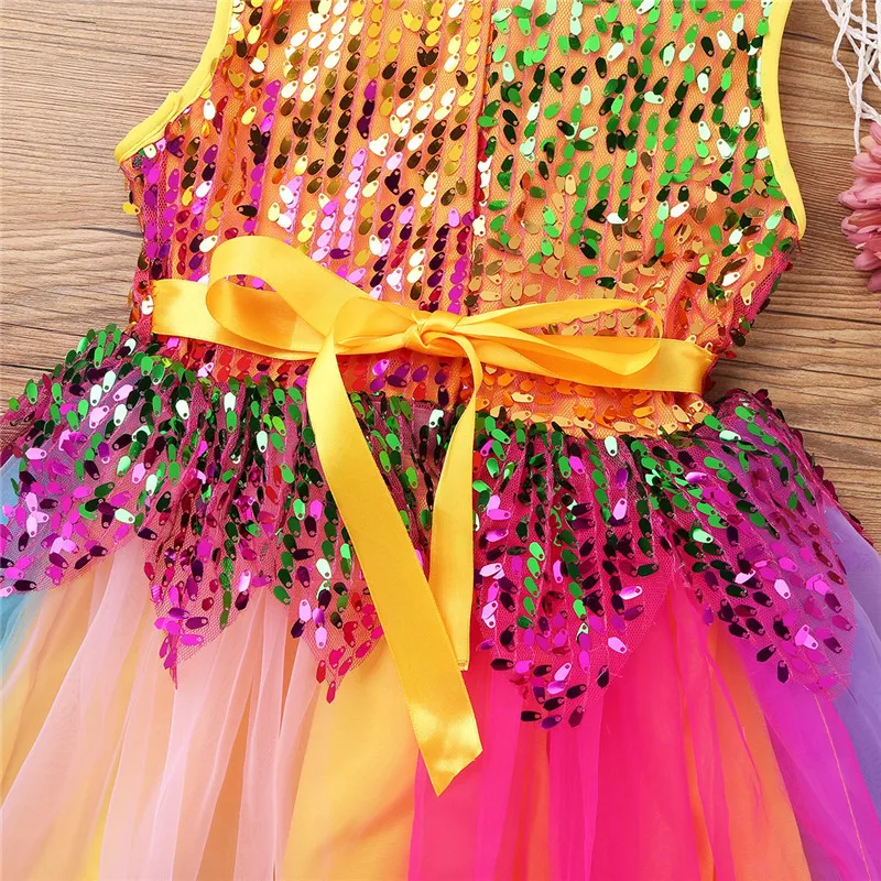 Детская Одежда для танцев девочек платье из тюля с круглым вырезом без рукавов