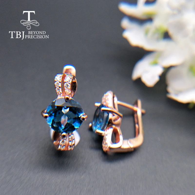 TBJ, натуральный, хороший цвет, Лондон, голубой топаз, Круглый, 7 мм, 3ct, драгоценный камень, застежка, серьги, серебро 925 пробы, розовое золото, ювелирные изделия для девочек