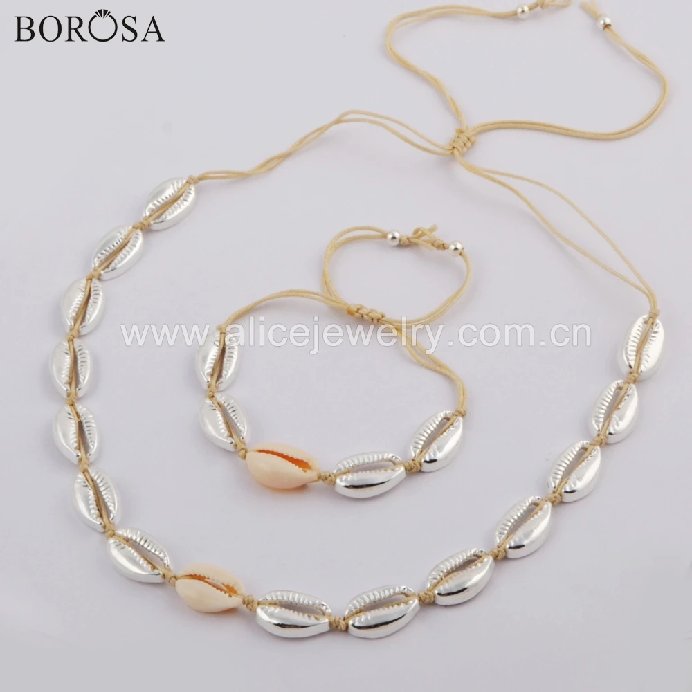 BOROSA 5Sets New Silver Color Cowrie Shell Adjustable Bracelet Necklace Seashell Ocean Beach Jewelry Sets for Women WX1096 | Украшения и