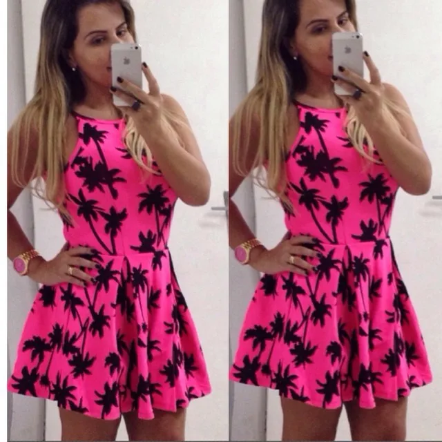 2014 New Arrival Women Round Neck Sleeveless Sexy Pleated Dress Summer Casual Coconut Printed Plus Size S-XL | Женская одежда