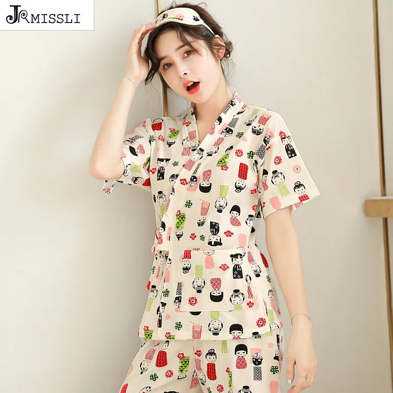 JRMISSLI 100% хлопок женские пижамы костюм женский кимоно с коротким рукавом Пижама