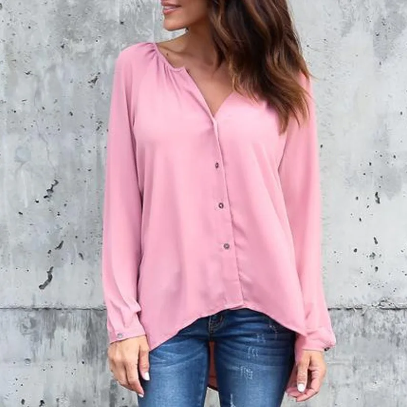 Fall 2019 explosions V-collar pleated button long sleeve loose chiffon shirt 8color 8yard plus size women blouse QP015 | Женская одежда