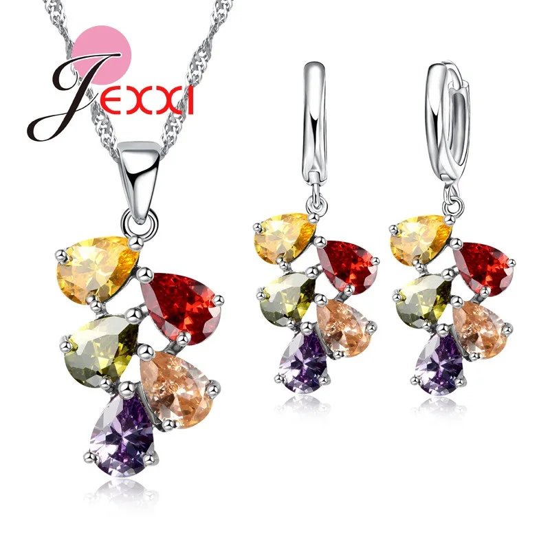 

Fashion 925 Sterling Silver Jewelry Sets For Women Lady Best Birthday Gift Anniversary Colorful Zircon Necklace Earrings