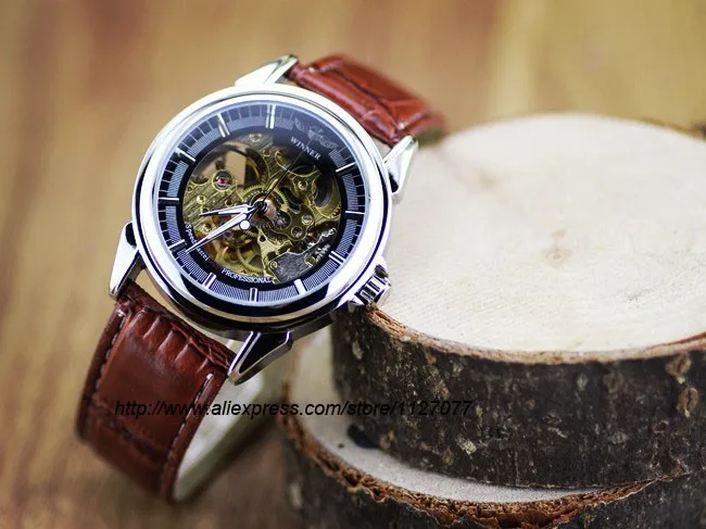 Мужские автоматические механические часы Winner коричневые кожаные простые с