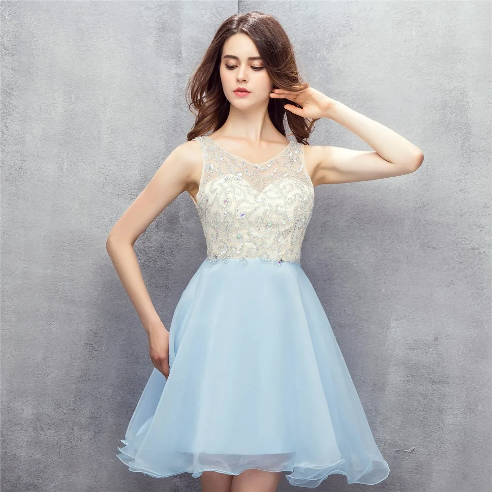 

BRLMALL Trendy Light Blue Homecoming Dress Key Hole Back Organza Beaded Short Prom Dress Sleeveless Cocktail Party Dress
