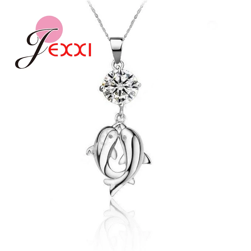 

Hot Sale Two Cute Dolphin Under Big Crystal Design 925 Sterling Silver Pendant Necklace For Women Girlfriend Party Jewelry