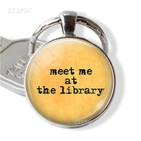 meet me at the library quote key chain glass pendant vintage library jewelry accessories book lover gift