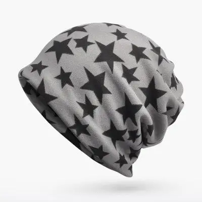 COKK зимние шапки для мужчин Skullies шапочки со звездами узор тюрбан шапка женские шапки для женщин чулок шляпа мужская кость шапка шарф маска - Цвет: Серый