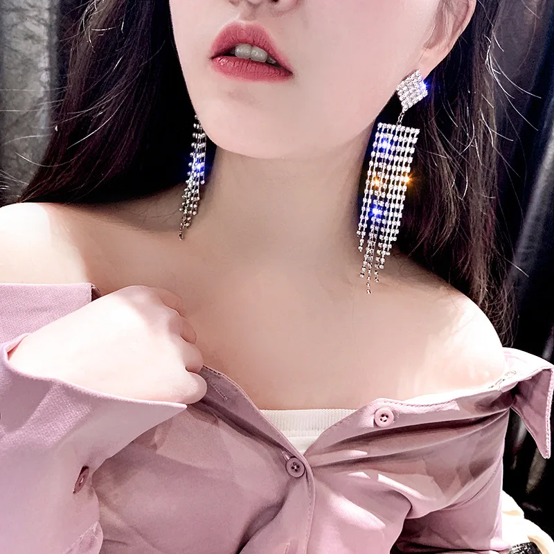 Luxury Geometric Rhinestone Earrings for Women Shiny Gold Silver Color Long Tassel Wedding Party Jewelry Bijoux | Украшения и