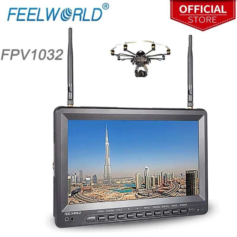 

Feelworld 10.1 Inch IPS 1024x600 FPV Monitor for GoPro with Built-in Battery Dual 5.8G 32CH Diversity Receiver FPV1032