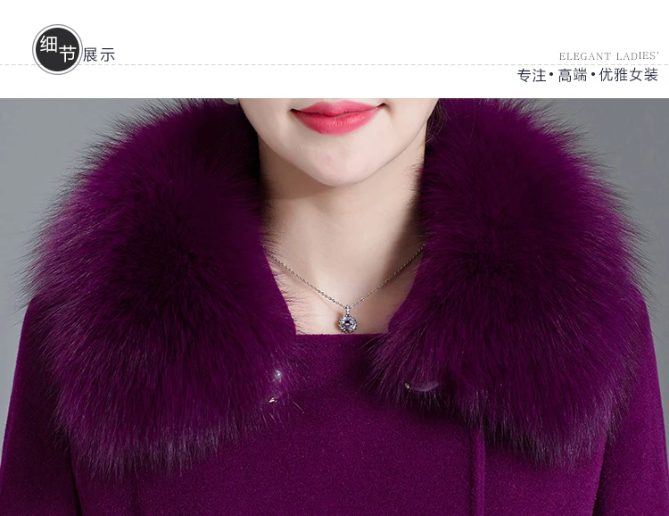 

2019 winter wool coat women 5XL long fox fur collar double-faced cashmere coat Blends Sashes Slim Pockets Coat Outerwear