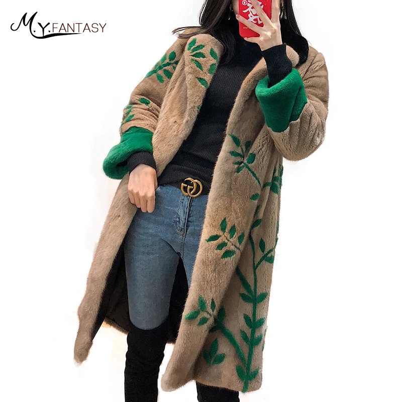 Женское бархатное пальто M. Y. FANSTY зимнее из норки с длинным рукавом натурального
