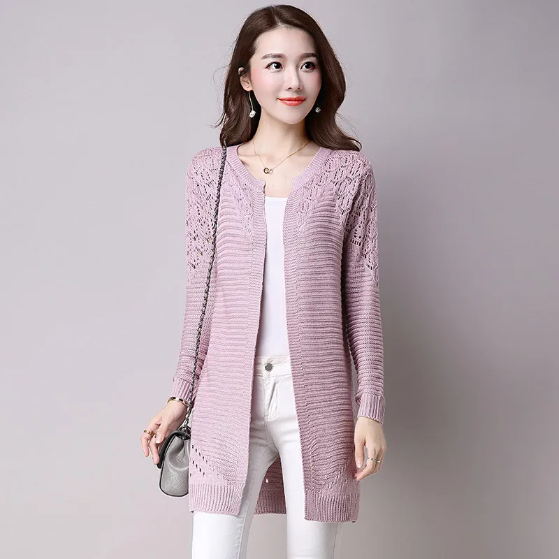 

NEW Autumn Women Jacket Fashion Openwork Knit Sweater Cardigan Shawl Outerwear Solid Loose Medium Long Coat Women Sweater AA904