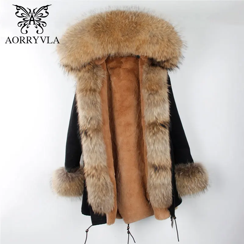 AORRYVLA 2017 новинка женская длинные зимняя парка с мехом енота натуральный мех