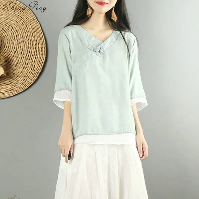 New Traditional Chinese Clothing Womens Tops Blouses Linen Button Shirt Oriental Female Cheongsam Top China Clothing G153