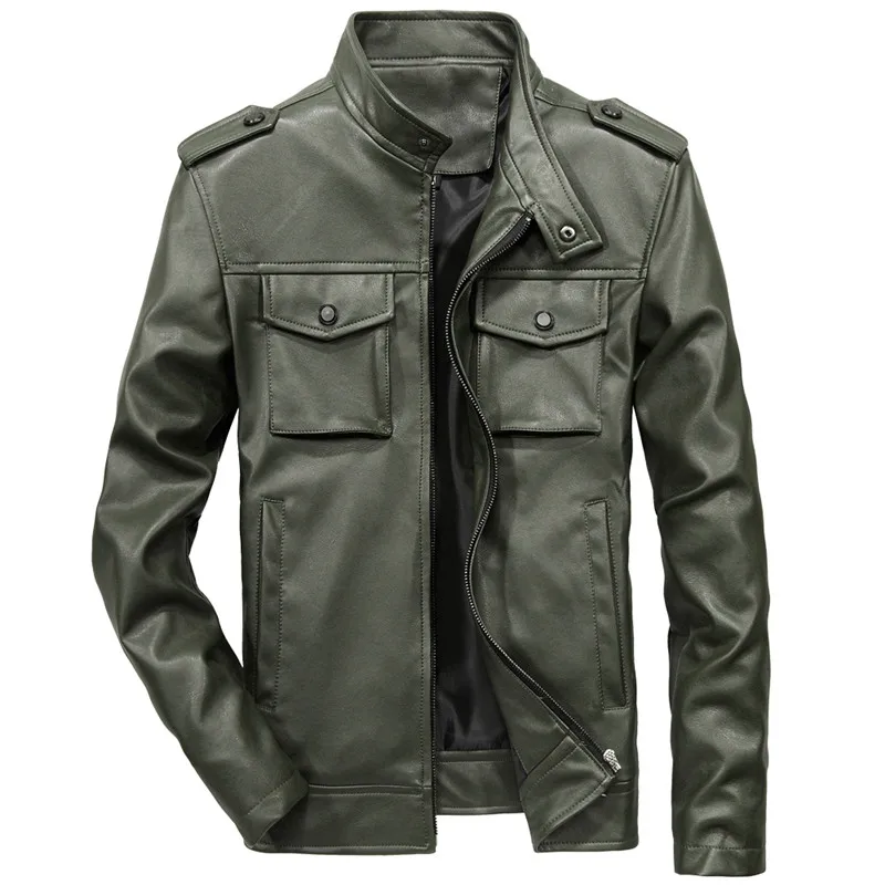 Army Green Новинка, мужские Куртки из искусственной кожи, мотоциклетные пальто, верхняя одежда со стоячим воротником, облегающее мужское кожаное пальто, брендовая одежда, 6XL, SA554 - Цвет: Army Green