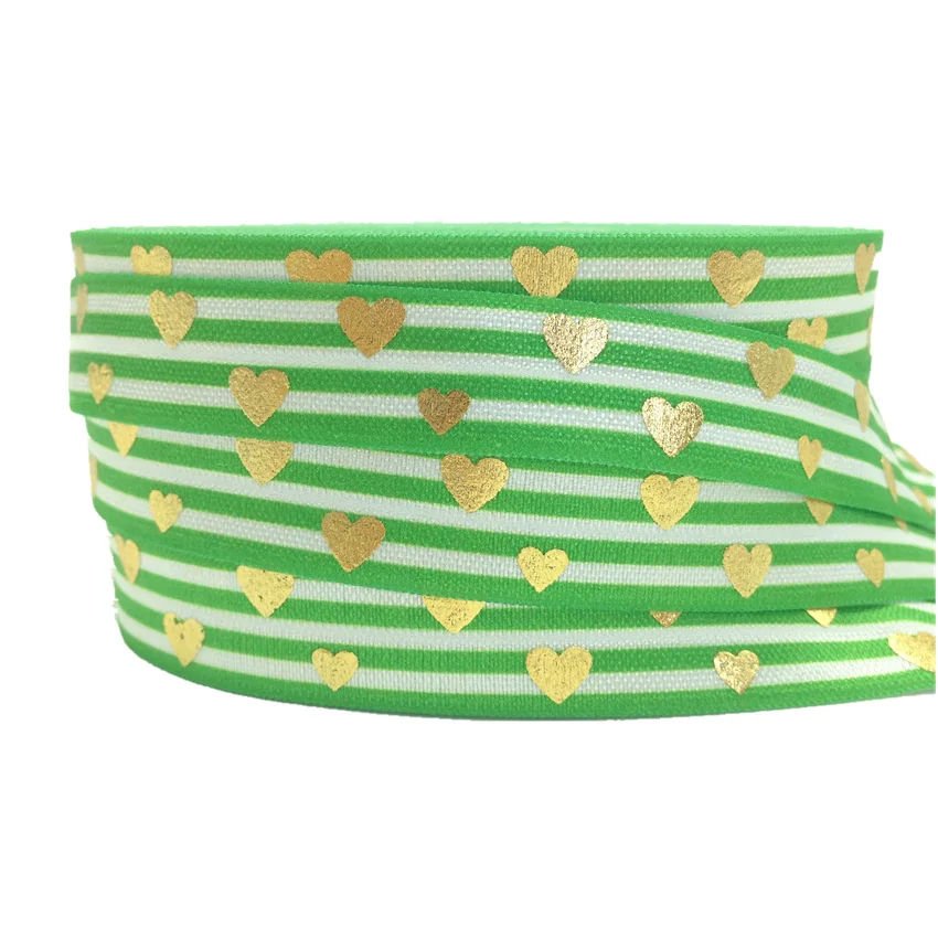 

10 yards/lot Gold Foil Love Heart Print Fold Over Elastic 5/8" Stripe FOE Elastic Ribbon for DIY Hair Supplies Hair Accessories