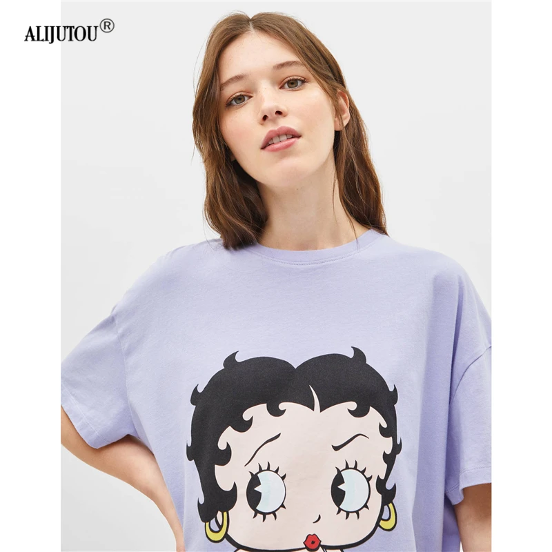 Betty Boop/Модная свободная фиолетовая футболка женская летняя с короткими рукавами
