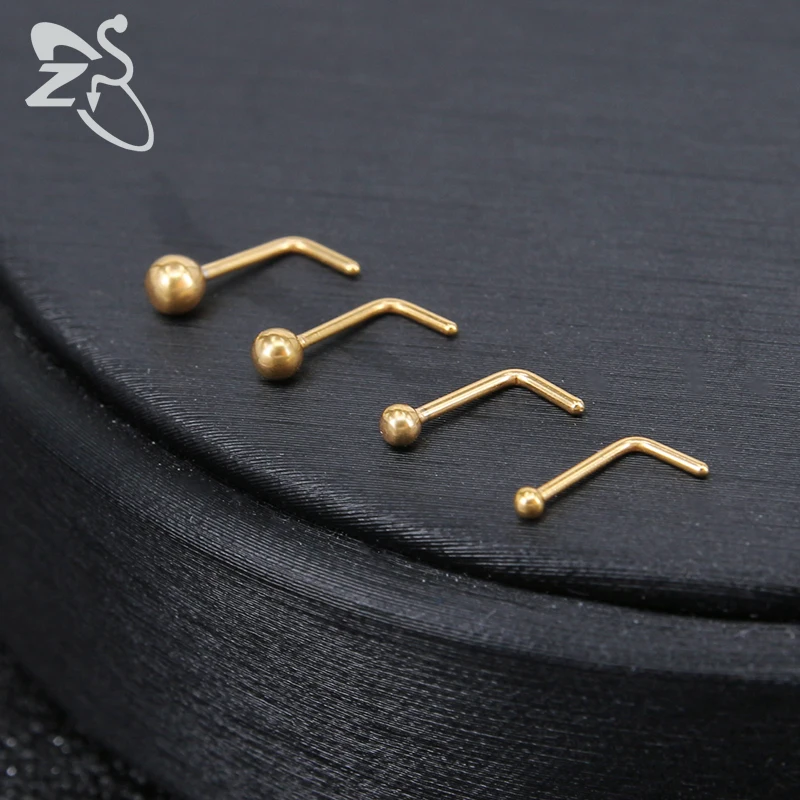 ZS 4pcs/lot Nose Studs Ball Round Rings L-Shape Gold Nostril Piercings Stainless Steel Piercing Body Jewelry For Women | Украшения и
