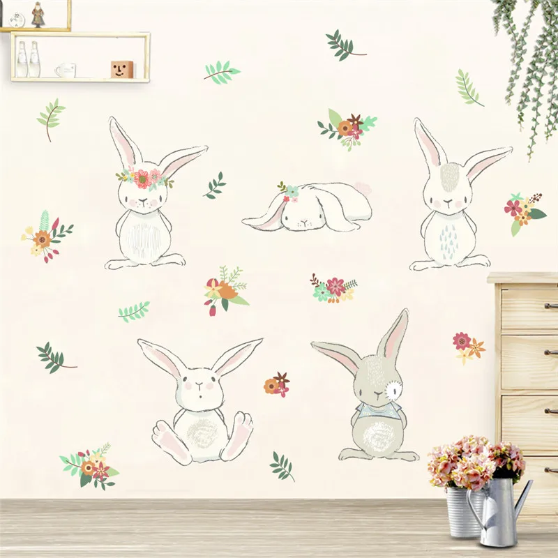 

Cute animal rabbit flower cartoon wall stickers children's room home decoration stickers PVC mural wall stickers for kids rooms