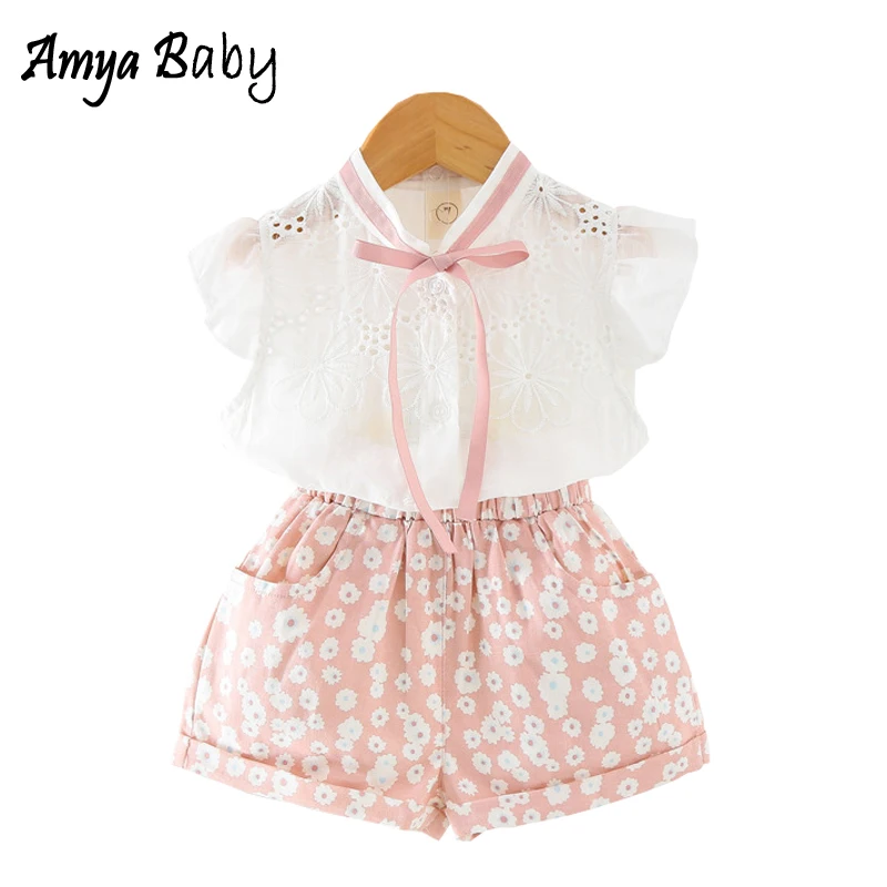 AmyaBaby 2018 летняя детская одежда Комплекты с шортами для девочек полые Блузка штаны