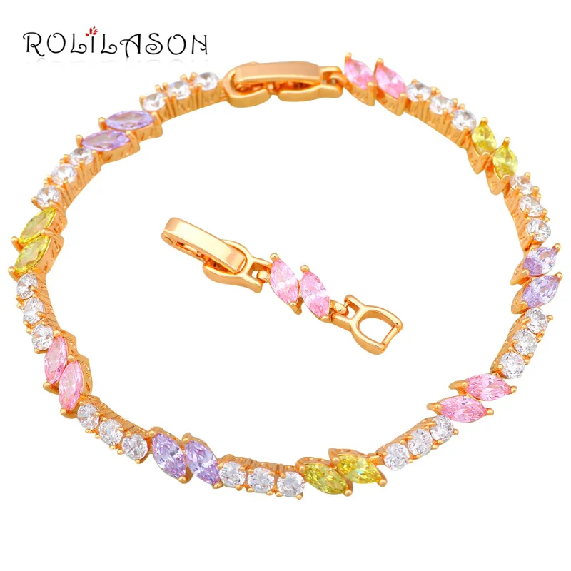 ROLILASON Цвет Кристалл AAA кубического циркония желтый золотой Браслеты для Дамская