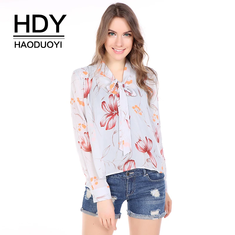Женская блузка HDY Haoduoyi разноцветная с цветочным принтом длинным рукавом и