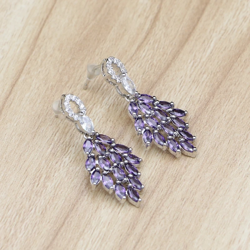 Серьги из серебра 925 пробы с фиолетовым кубическим цирконием и камнями серьги