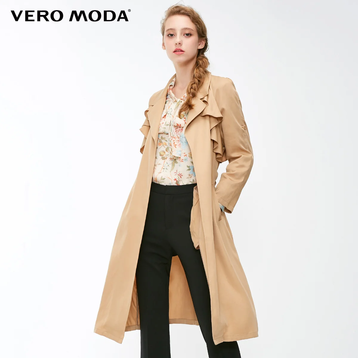 Vero Moda женский лацкан гофрированные планки регулируемые рукава длинный ветровка пальто | 318321521 - Цвет: Trench camel