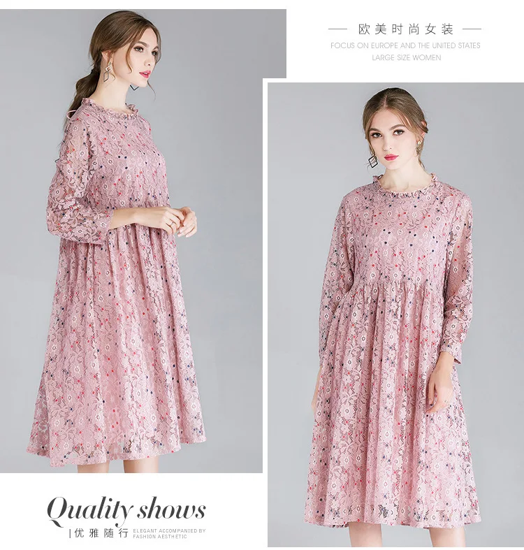 XL, XXL, XXXL, 4XL размера плюс, кружевное платье, женское, на шнуровке, с длинным рукавом, свободное, ТРАПЕЦИЕВИДНОЕ ПЛАТЬЕ, элегантное, в горошек, с принтом, вечерние, миди, розовое, зеленое