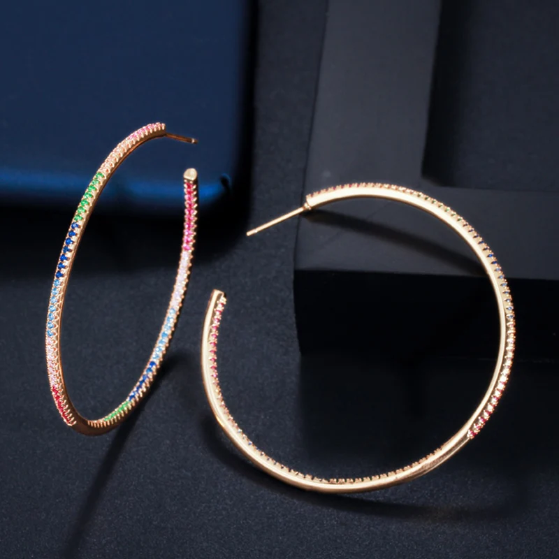Pera Chic Colorful Cubic Zirconia Delicate Simple Rainbow Big Round Circle Gold Thin Hoop Earrings Jewelry for Women Gift E402 | Украшения