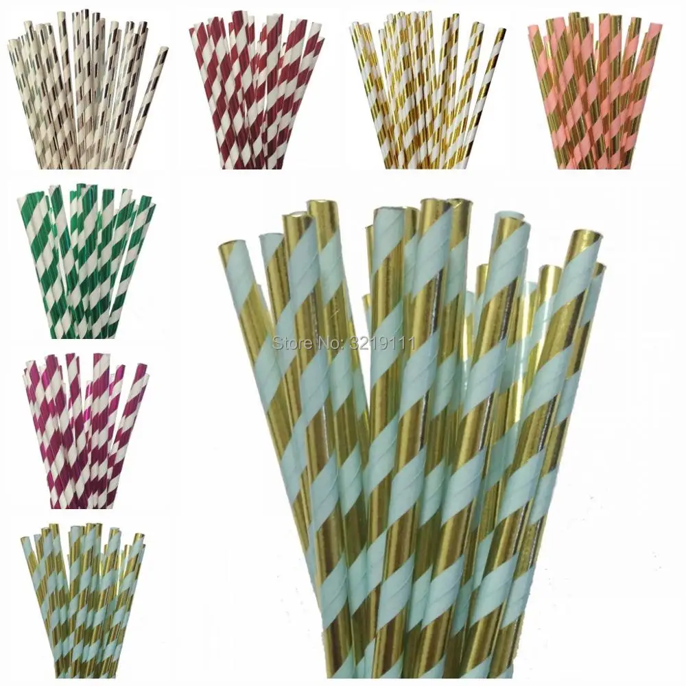 

25pcs/lot Foil Stripe Paper Drinking Straws Gold And Blue Wedding Kids Birthday Party Decor Supplies Christmas Creative Straws