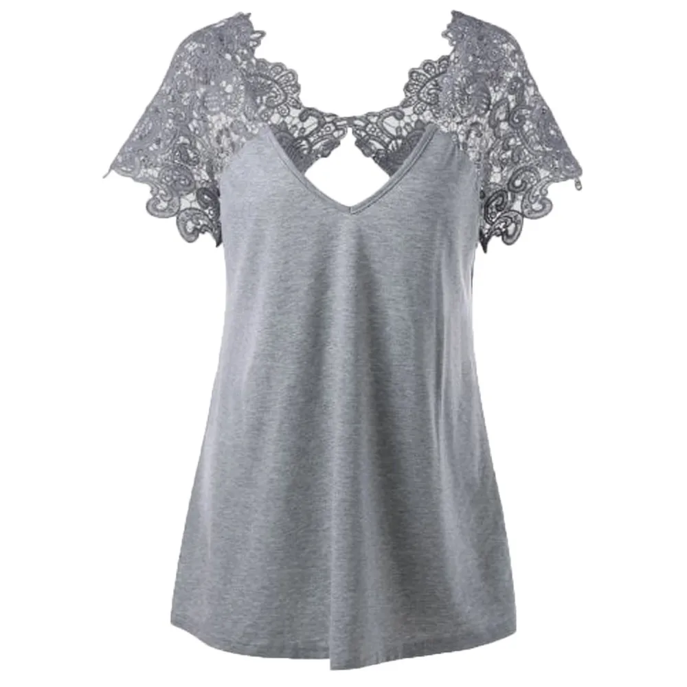 

Summer Shirt Women's Fashion V-neck Large Size Stitching Lace Short-sleeved Slim Cut Shirt Women's Blouses Shirt