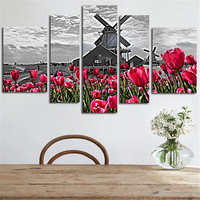 

Holland Windmill Tulip Landscape Modern Canvas Painting 5 Pieces Wall Art Tulip Flower Cuadros Decoracion For Living Room
