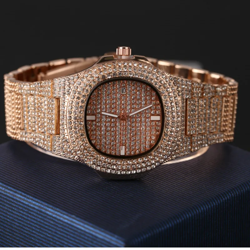 rose gold Мужские часы, модные, с бриллиантами, Автоматическая Дата, кварцевые часы для мужчин, золото, нержавеющая сталь, хип-хоп, мужские часы, Топ бренд, роскошные часы - Цвет: rose gold