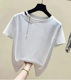 Белый Camisetas Mujer Verano, Забавные футболки с жемчужинами, женские хлопковые футболки с коротким рукавом, женские топы, белая футболка, женская футболка - Цвет: Белый
