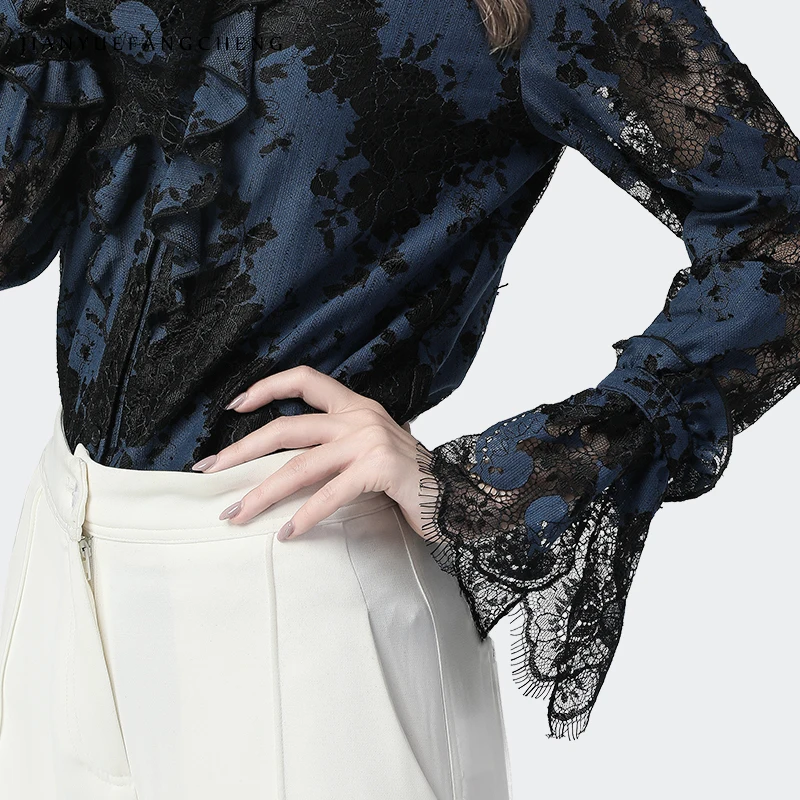 

Ladies Blouses Lace Ruffles Tops Stand Collar Flare Long Sleeve Hollow Out Floral Plus Size Elegant Spring Autumn Women Clothing