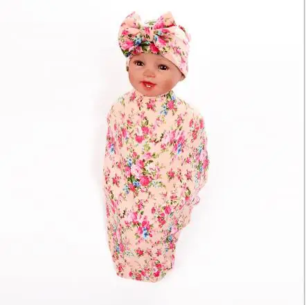 

2017 new kids swaddle blanket and bowknot floral headband set flower bud blanket girls photography props muslin swaddle wrap